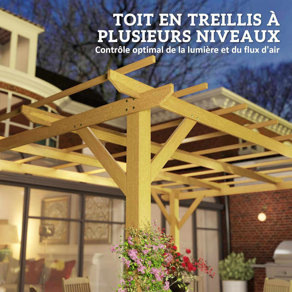 Outsunny Pergola Garten im Freien 3 x 4 m versenkbare Schiebepergola, Holzpergola, Gartenlaube für Kletterreben, Blumen, Rosen, Pergola für Terrasse, Patio, Naturholz