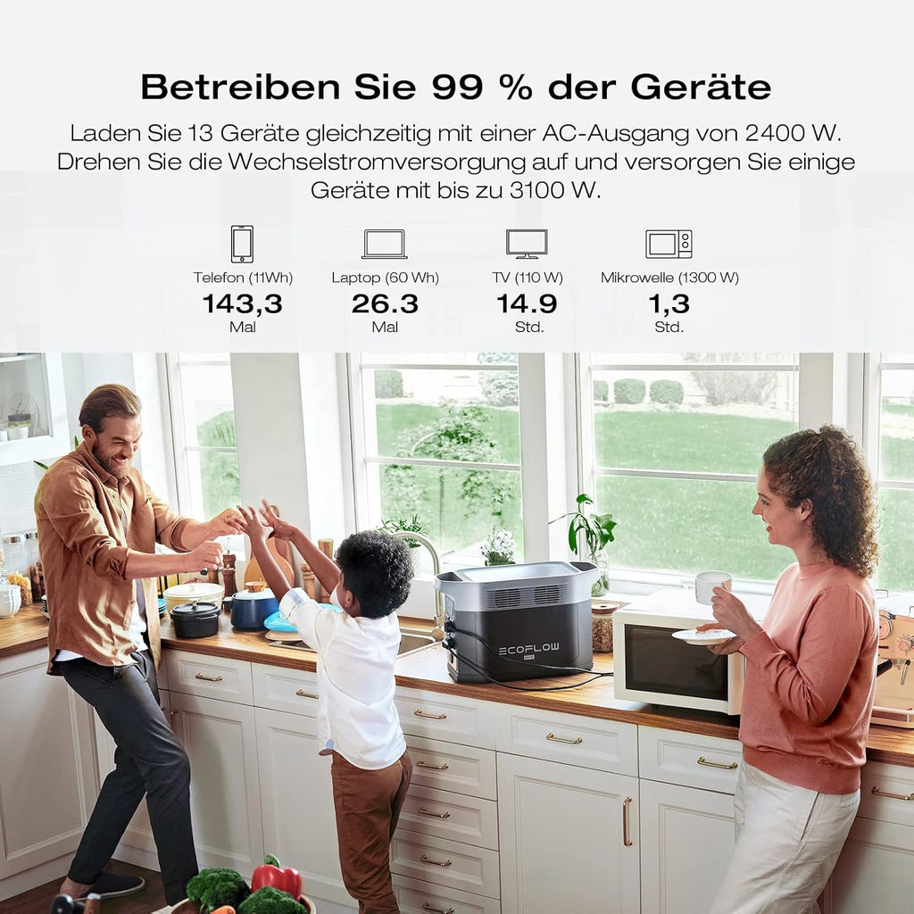 EcoFlow DELTA 2 Max tragbare Powerstation 2048Wh, erweiterbar 2-6 kWh, LFP-Batterie mit 3000 Zyklen, 80% Ladung 1 Std, 3000W Max Ausgangsleistung, Solargenerator für Zuhause, Camping, Wohnmobil