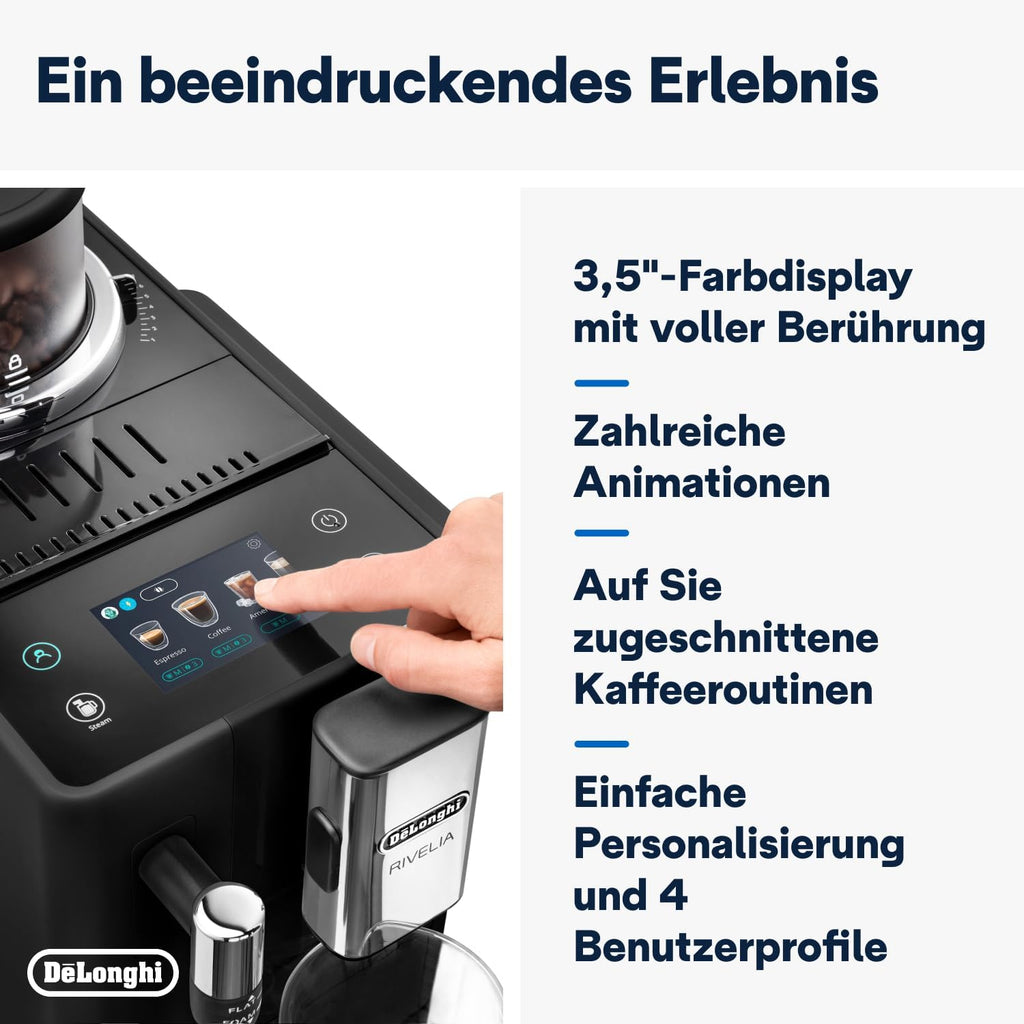 De'Longhi Rivelia EXAM440.55.W Kaffeevollautomat mit LatteCrema Milchsystem, Wechselbarer Bohnenbehälter, 16 Kaffee- & Milchgetränke auf Knopfdruck, Extra-Shot-Funktion, 3,5 Touch-Display, Weiß