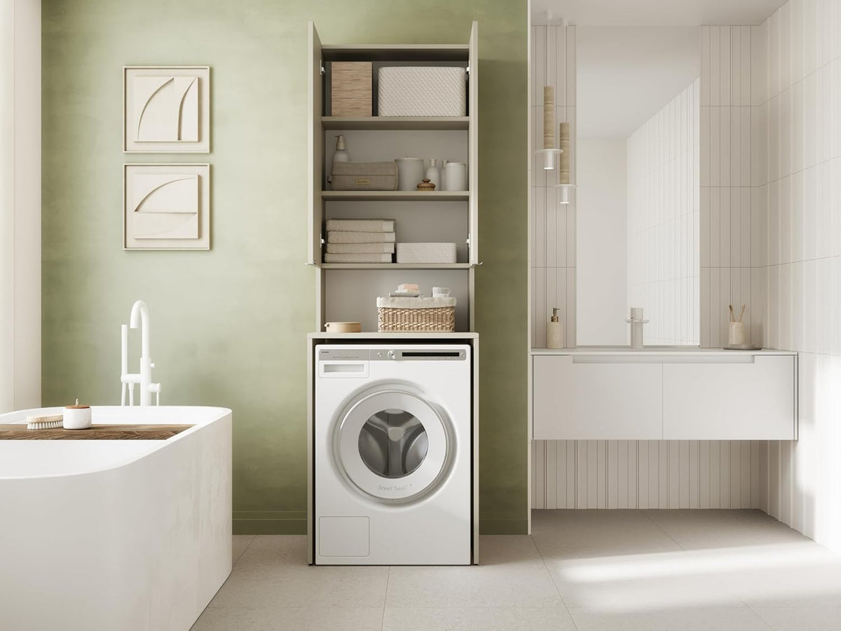 PLATAN ROOM Waschmaschinenschrank Badezimmer Hochschrank Überbauschrank für Waschmaschine und Wäschetrockner 210 x 65 x 50/56 cm weiß (Kaschmir (beige), 56 cm tief)