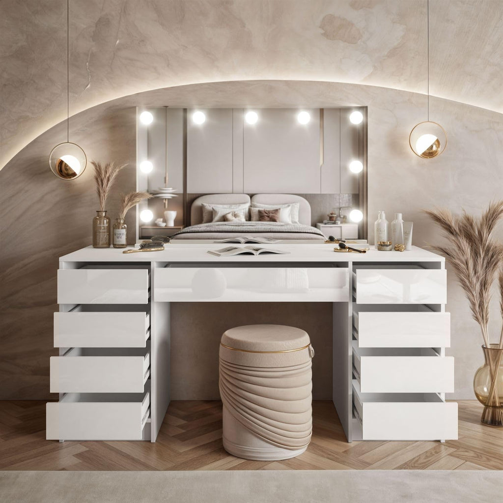Lookway Schminktisch MADA Elite II mit LED-Spiegel - Eleganter Kaschmir oder Weiß Hochglanz, Wandmontage, Geräumige Schubladen (Weiß/Weiß Hochglanz)