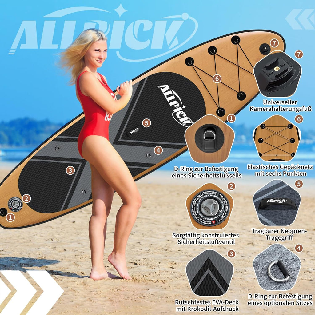ALLPICK Premium SUP Board Set, Stand Up Paddling Board Aufblasbar, Mit Universal Kamerahalterung, Komplettes Zubehör, Verstellbares Paddel, Anfänger, Fortgeschrittene, 200kg