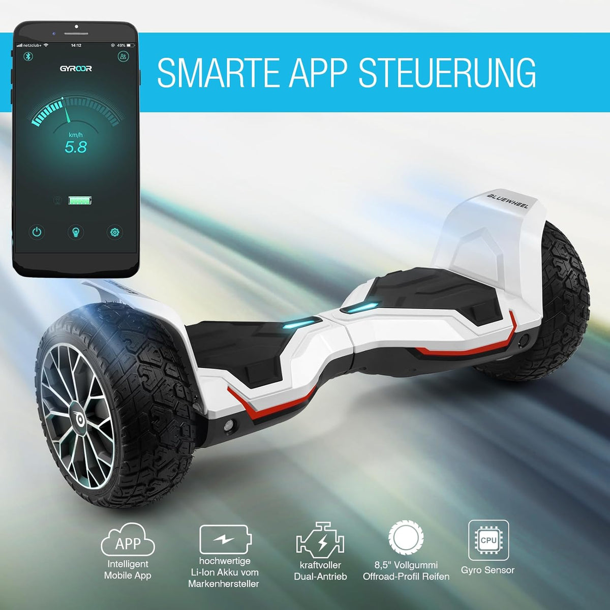 8.5" Premium Offroad Hoverboard Bluewheel HX510 SUV Deutsche Qualitäts Marke- Kinder Sicherheitsmodus & App - Bluetooth - Starker Dual Motor - Elektro Skateboard Self Balance Scooter