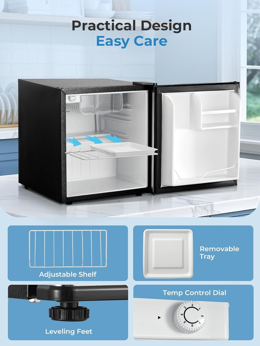 FOHERE Mini Kühlschrank 46L, Kleiner Kühlschrank mit 7-Stufige Kühlung, Energieeffizienter, Superleise, Wechselbarer Türanschlag & Verstellbare Füße, für Hotel, Büro, Kleine Wohnungen,Schwarz
