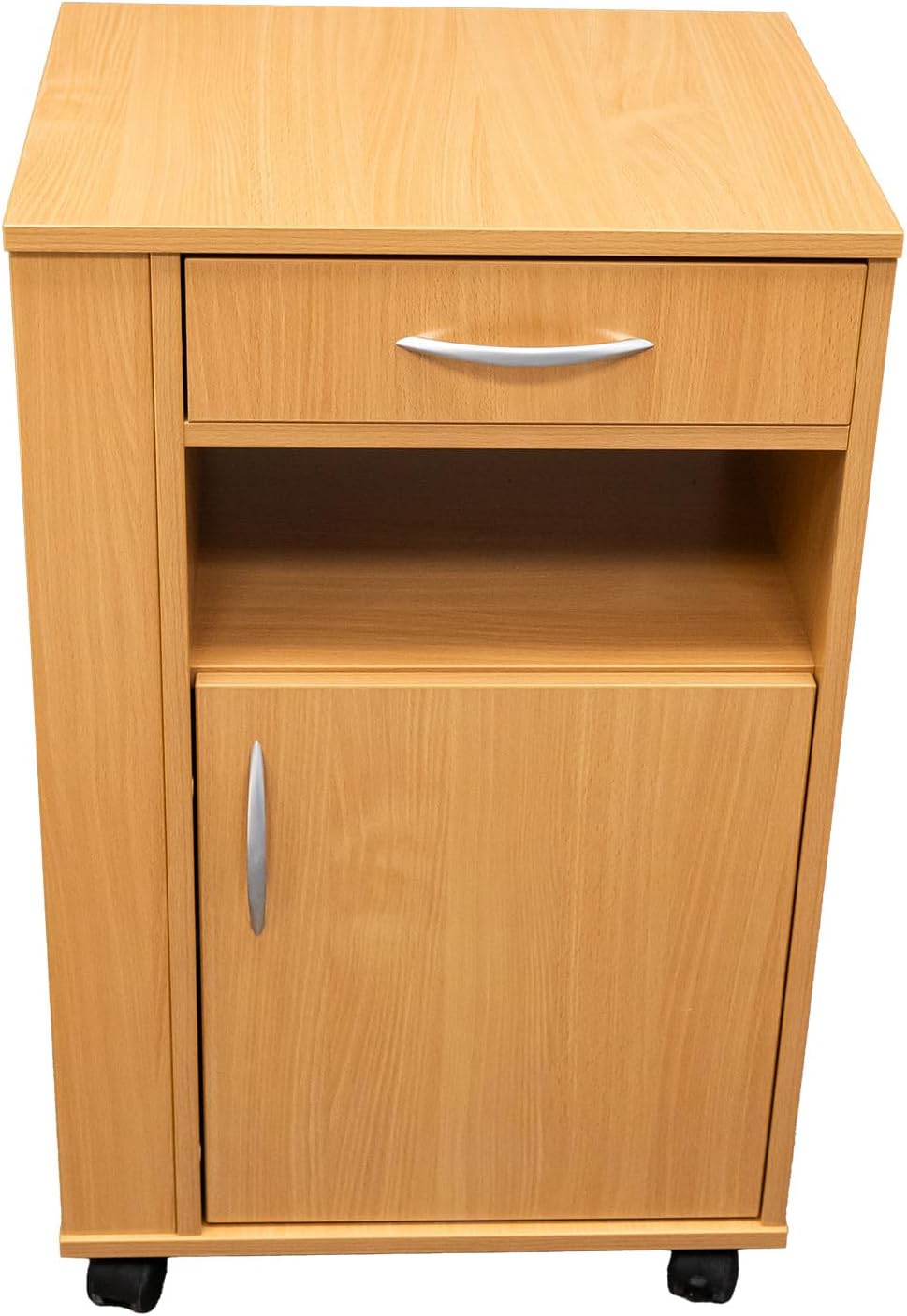 Nachttisch mit Schublade und 4 Rollen – Patientenbett-Schrank, mobil, mit Bremsen – ideal für Pflege, Reha, Krankenhäuser & Zuhause, Buche