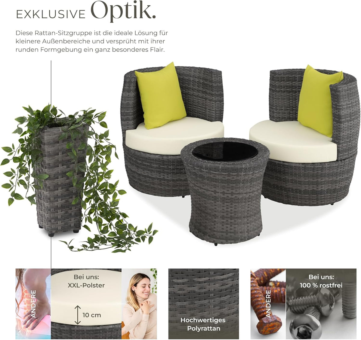 tectake® Rattan Set 2 Personen, Balkonmöbel, Aluminium Gartenmöbel Set, Outdoor Sitzgruppe mit 2X Stuhl, 1 Beistelltisch rund, 1 Vase, platzsparend zusammenschiebbar, mit Polster und Kissen - grau