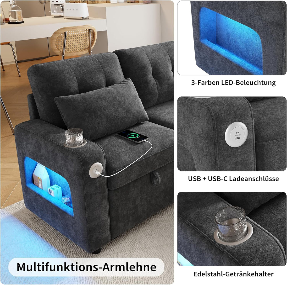 Merax Sofa Ecksofa mit Schlaffunktion und Bettkasten, Praktisches Schlafsofa mit Stauraum, LED-Beleuchtung, USB/Typ-C und 2 Getränkehalter, Ausziehbares Schlafcouch L-Form, Chenille Stoff, Grau