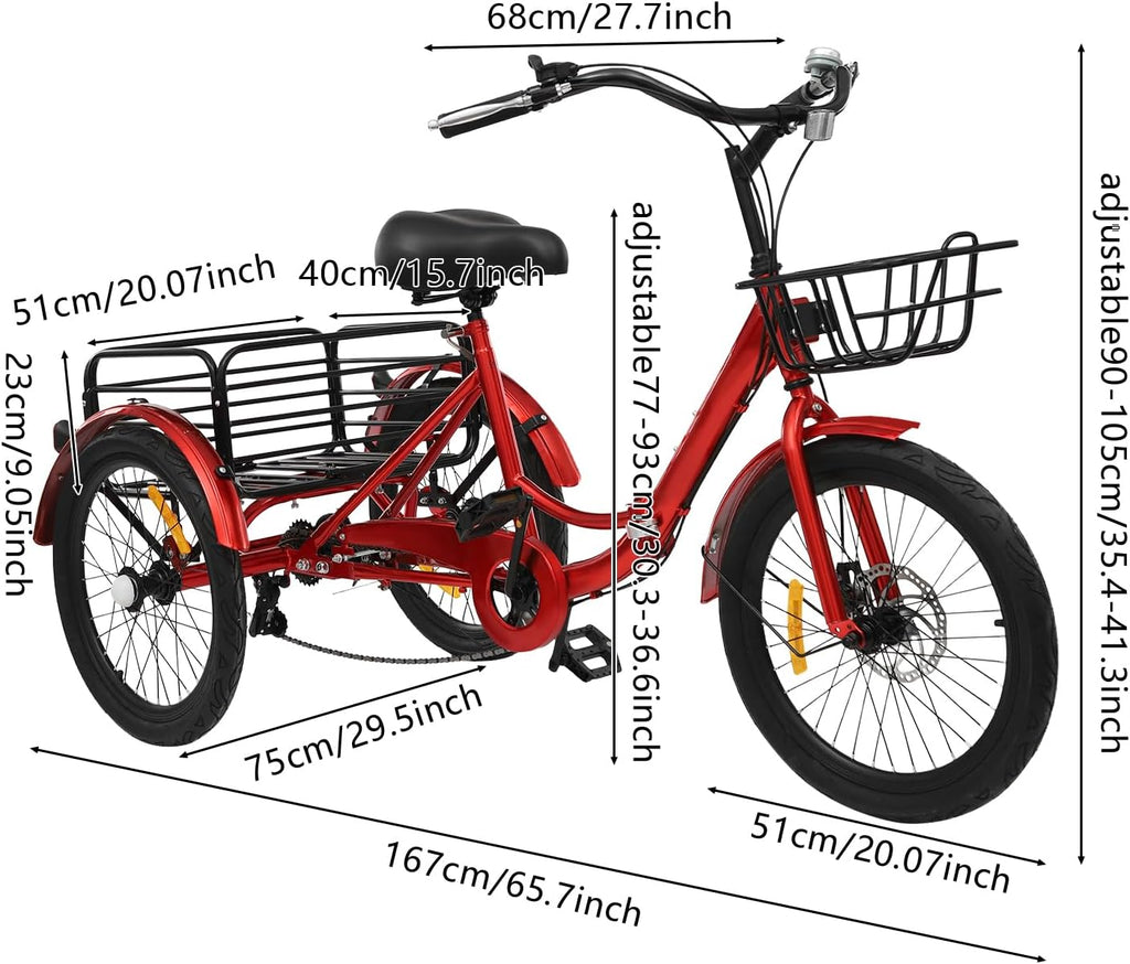 Faltbares Dreirad für Erwachsene, 20 Zoll Faltbares Dreirad, 7-Gang 3-Rad Fahrrad mit Schloss für Erwachsene mit Einer Körpergröße von 5,09 bis 5,74 Fuß