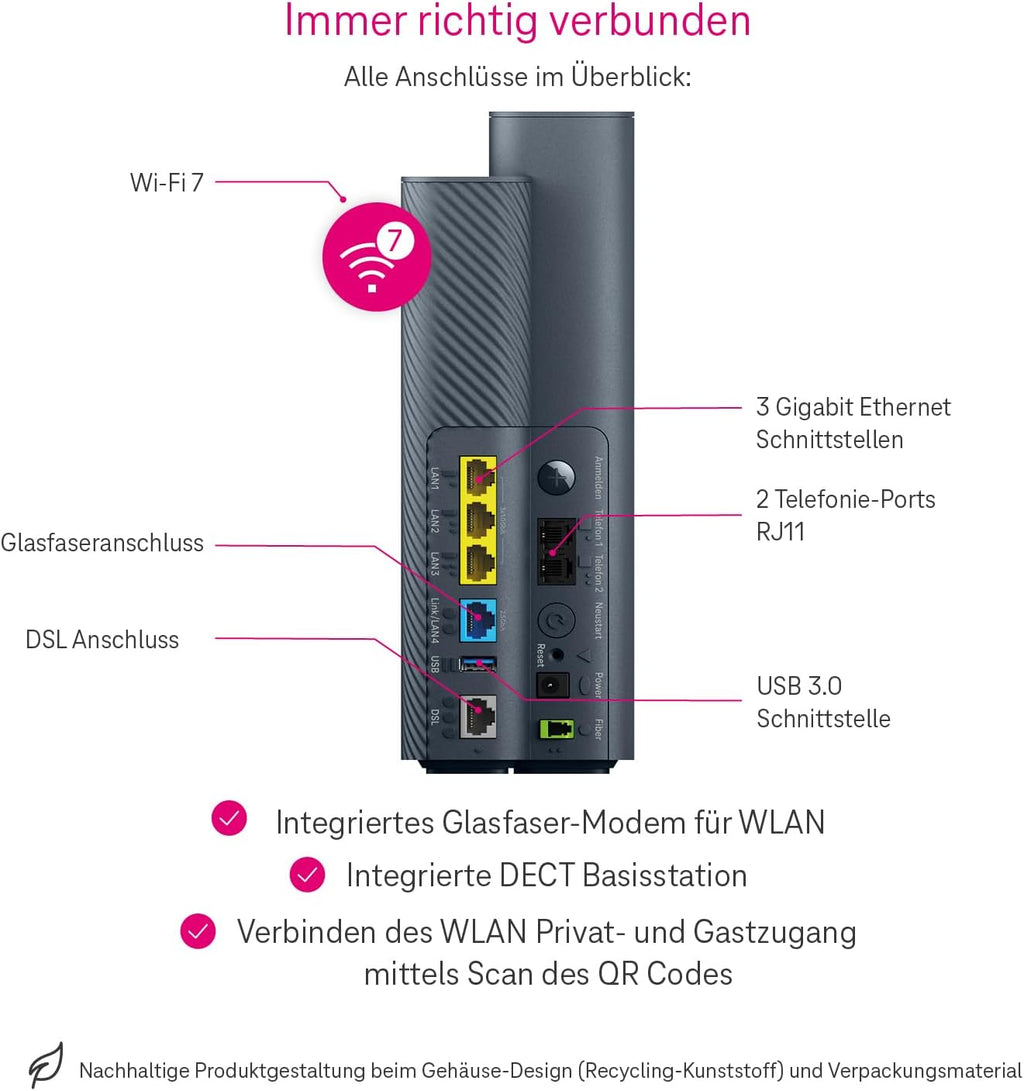 Telekom Router Speedport 7 I Wi-Fi 7 Router für Telekom-Anschluss I Glasfaser-Modem I Bis zu 6.760 Mbit/s | Mesh-Technologie & Magenta SmartHome Basis integriert I Ideal für Entertain TV in UHD & 4K