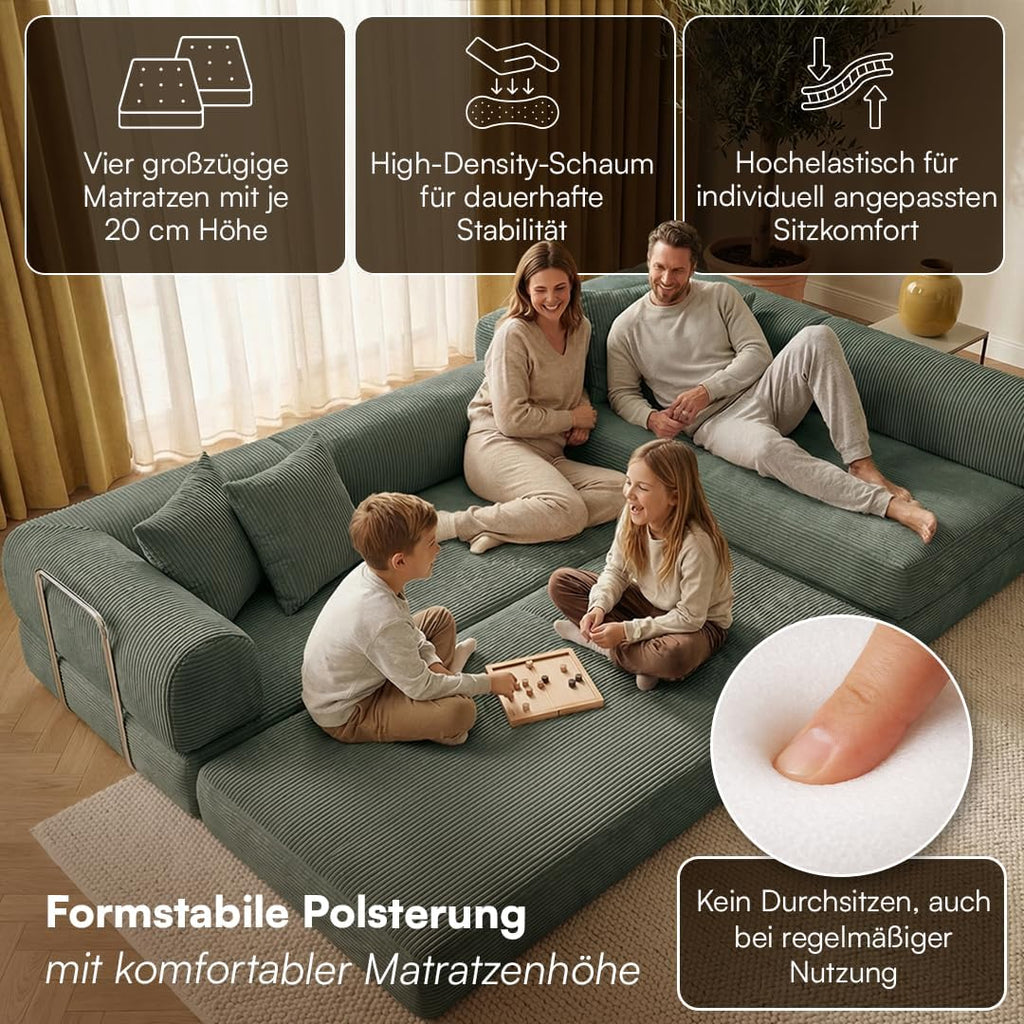 skølm Lofn Ecksofa 4 Sitzer – Wohnlandschaft L-Form Cord – Klappsofa 300cm breit Dunkelgrün – ausklappbar zum Schlafsofa, Bodensofa – Vollschaum Sofa mit 4 Kissen & Stahlgestell – Cloud Couch boneless | ohne Aufbau
