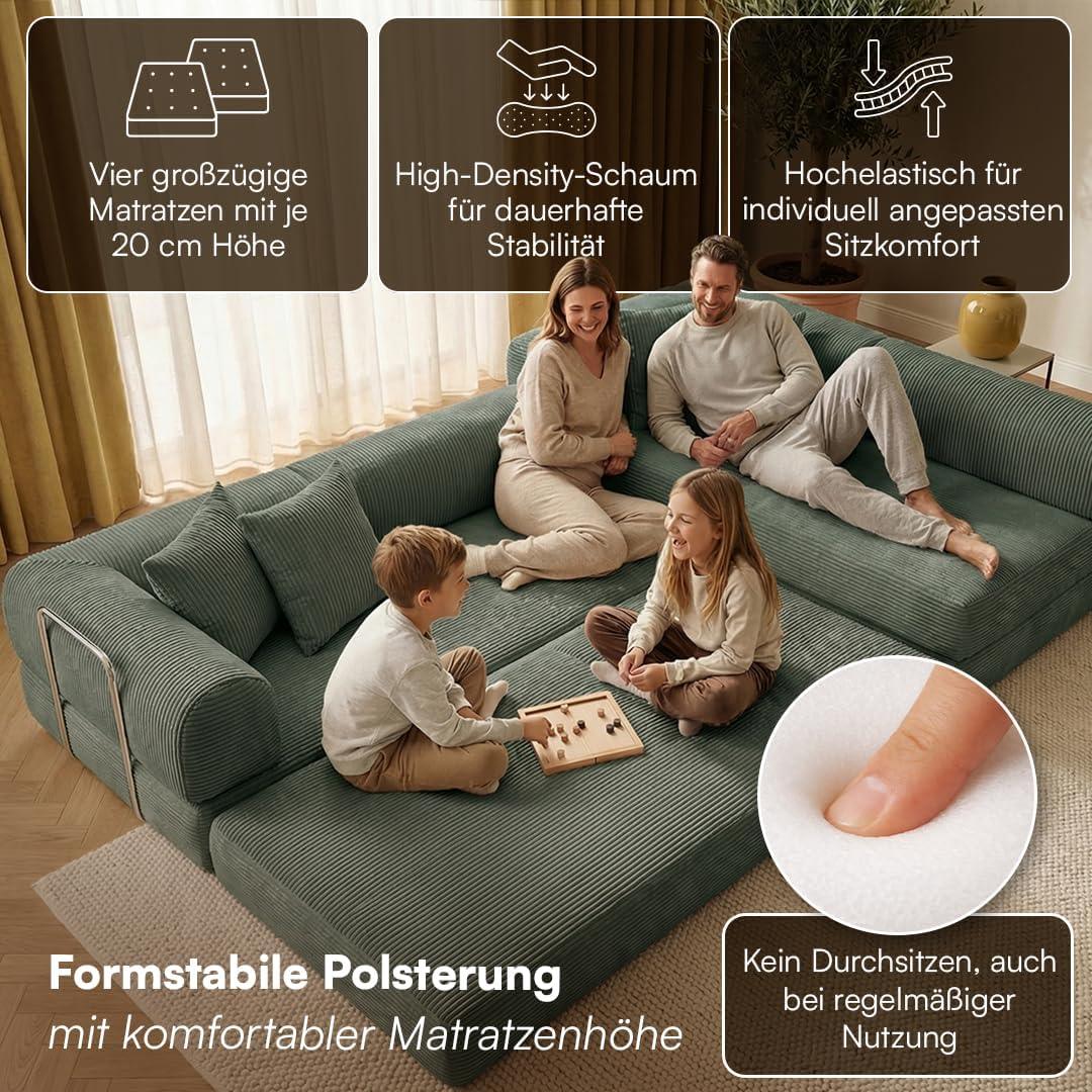 skølm Lofn Ecksofa 4 Sitzer – Wohnlandschaft L-Form Cord – Klappsofa 300cm breit Dunkelgrün – ausklappbar zum Schlafsofa, Bodensofa – Vollschaum Sofa mit 4 Kissen & Stahlgestell – Cloud Couch boneless | ohne Aufbau