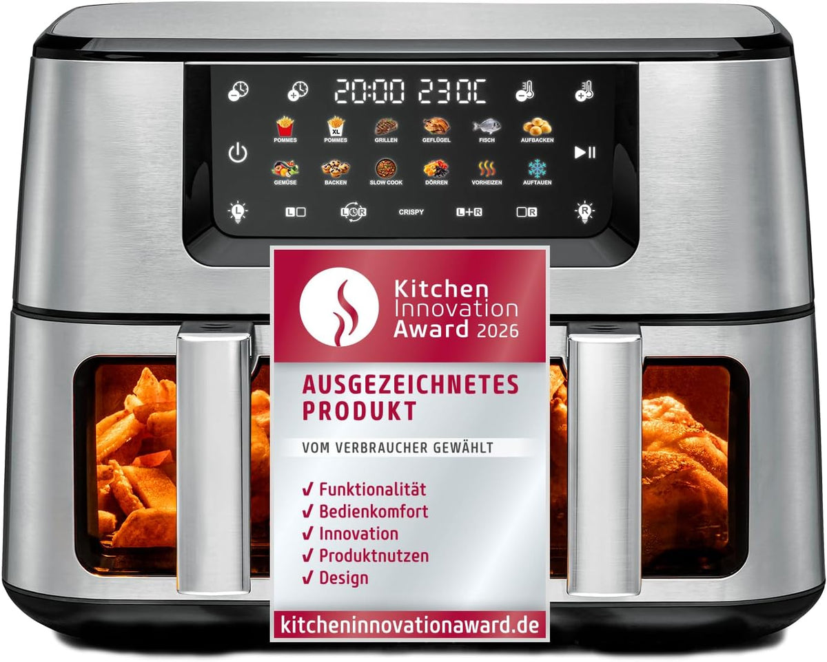 ROMMELSBACHER Doppel Heißluft Fritteuse FRH 2650, 2 Körbe a 5,5 Liter, 40 bis 230 °C, 12 Programme, Sichtfenster, Innenraumbeleuchtung, PFAS-frei, Match-und Sync-Funktion, gleichmäßige Wärmeverteilung