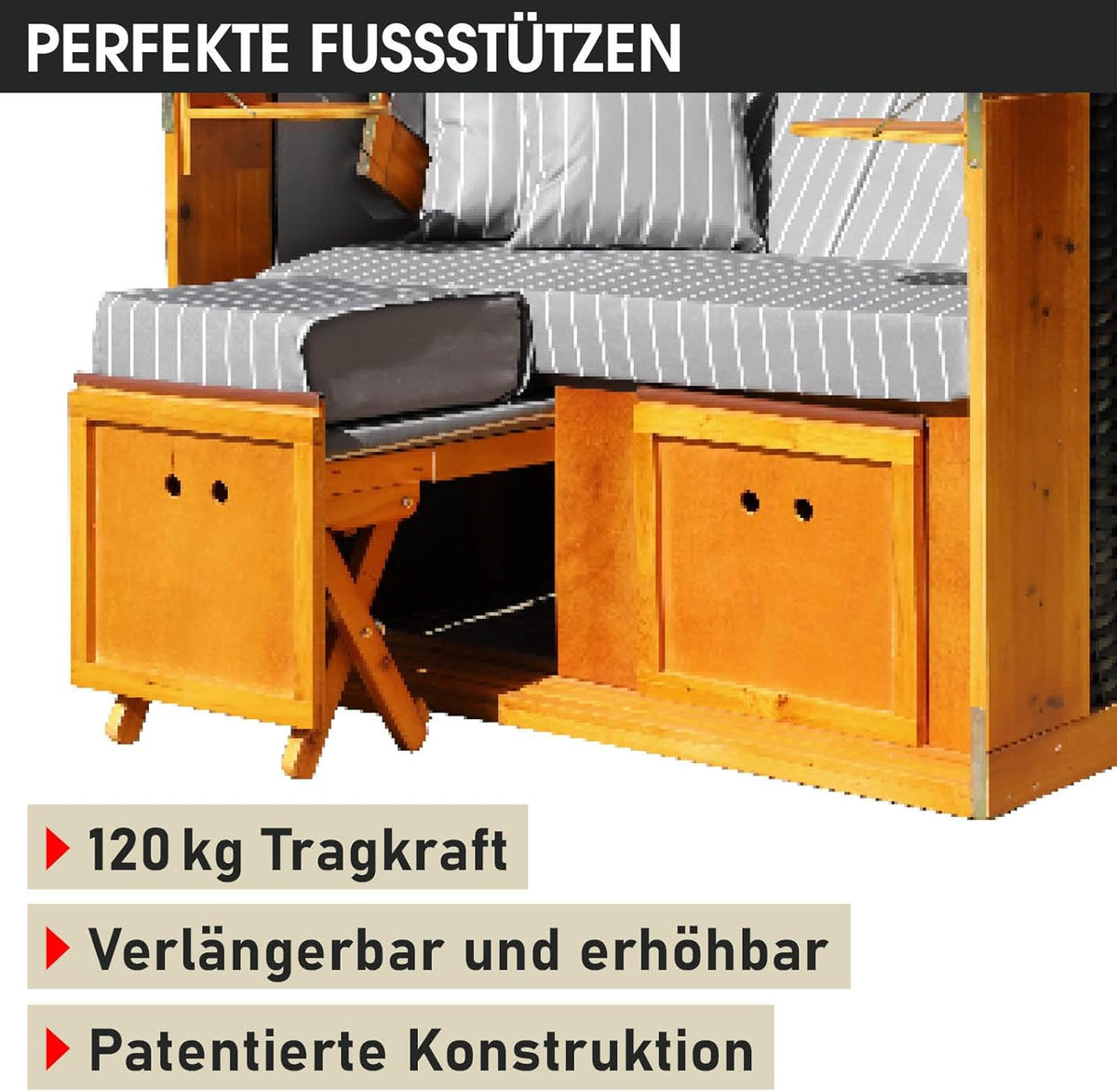 BRAST® Strandkorb Rügen Deluxe | für 2 Personen | 120cm breit | 5 Designs | inkl. wetterfeste Abdeckhaube | verstellbare Rückenlehne weiches Fußkissen | Anthrazit/Grau - gestreift