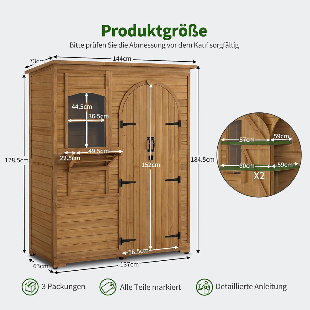 M MCombo Gartenschrank Geräteschuppen Holz Wetterfest, Gartenhaus Outdoor Wasserdicht Begehbar für Außenbereich Balkon Terrasse, Aufbewahrungsschrank mit 3 Regale 73×144×185 cm (Natur)