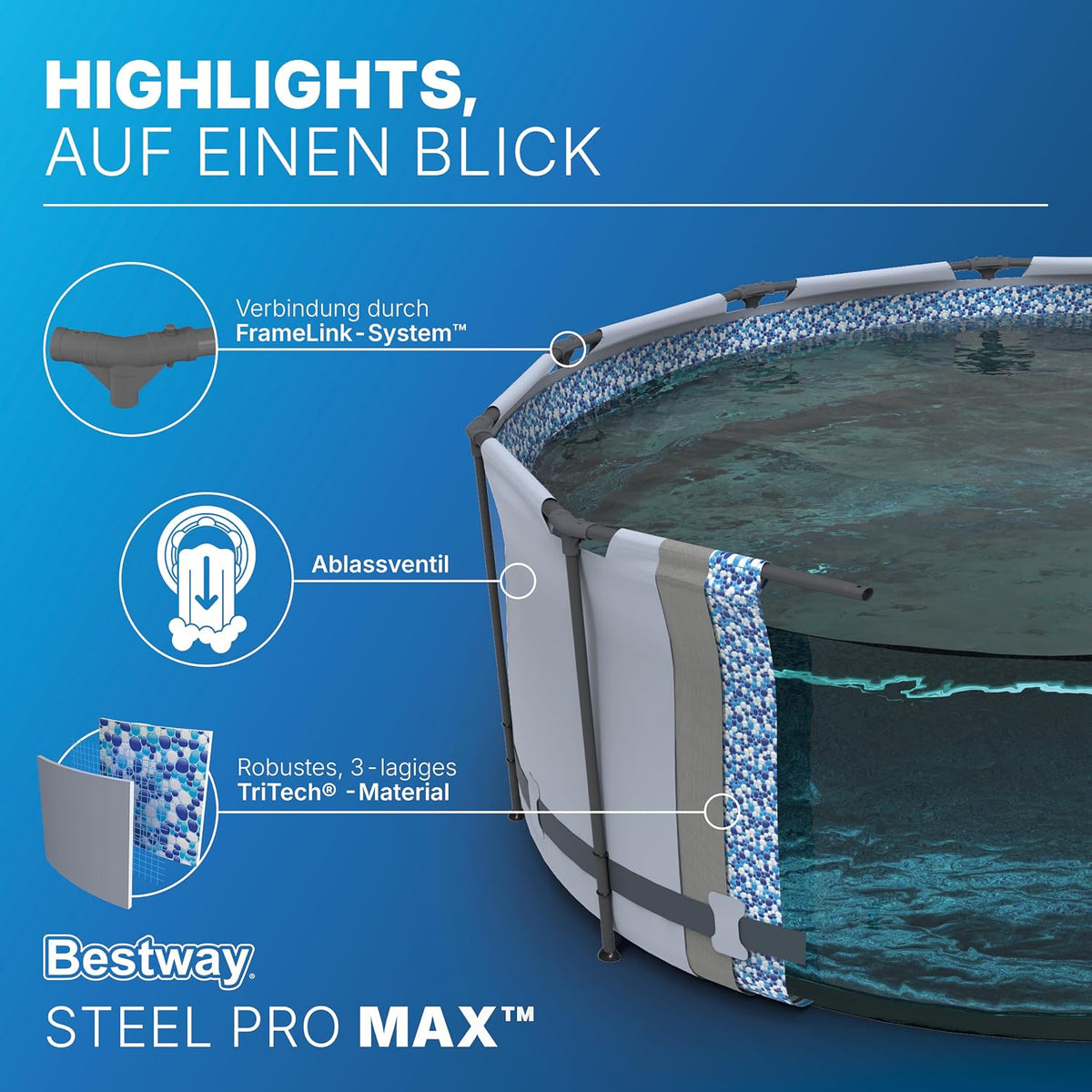 Bestway® Steel Pro MAX™ Aufstellpool Komplett-Set mit Filterpumpe Ø 366 x 122 cm, lichtgrau, rund