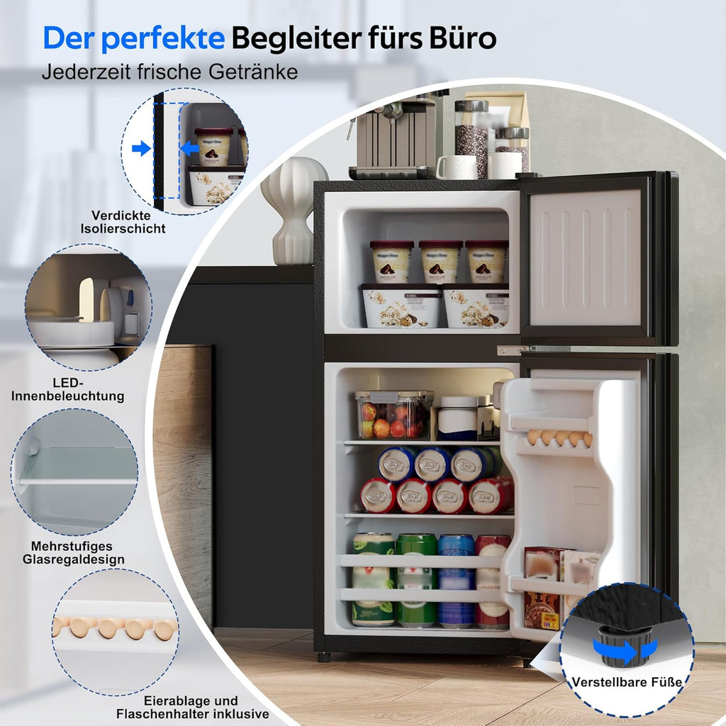 Merax Kühlschrank mit Gefrierfach, 60L Kleiner Kühlschrank, kompakt, Glastür, LED-Innenbeleuchtung, manuelle Temperaturregelung, Glasablagen, 45 dB(A), Mini Fridge für Studentenwohnheim Büro, Schwarz