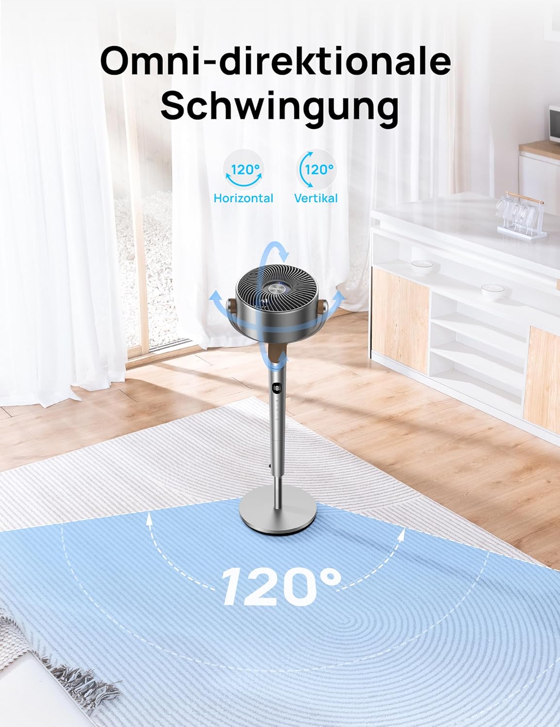 Dreo 20dB leiser Standventilator, 120°+120° Omni-direktionale oszillierende Ventilator, 26M Windentfernung, 1200m³/h Luftvolumen Echt Turbo-Luftzirkulator Fans, 102CM Höhe 3 Modi 8-Geschwindigkeit