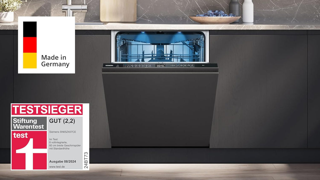Siemens SN65ZX07CE, Stiftung Warentest Testsieger , iQ500 Smarter Geschirrspüler Vollintegriert, 60 cm breit, Besteckschublade, Made in Germany, Zeolith Trocknung, extra leise, varioSpeed Programm