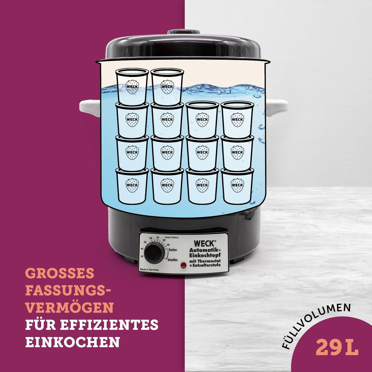 WECK Einkochautomat WAT14 (Finale Serie) Emaille mit Präzisionsthermostat – 29L Einkochtopf, Glühweinkocher, Dampfentsafter, Einweckautomat – Made in Germany, hochwertig & vielseitig