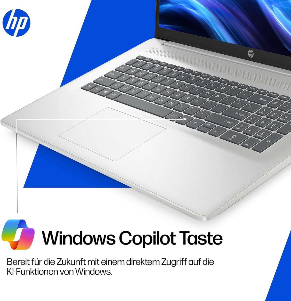 Laptop mit 17,3" FHD Display, Core i7-1355U, 16 GB DDR4 RAM, 1 TB SSD, Iris Grafik, Windows 11, QWERTZ, Silber inkl. 25 GB Dropbox-Speicher für 12 Monate