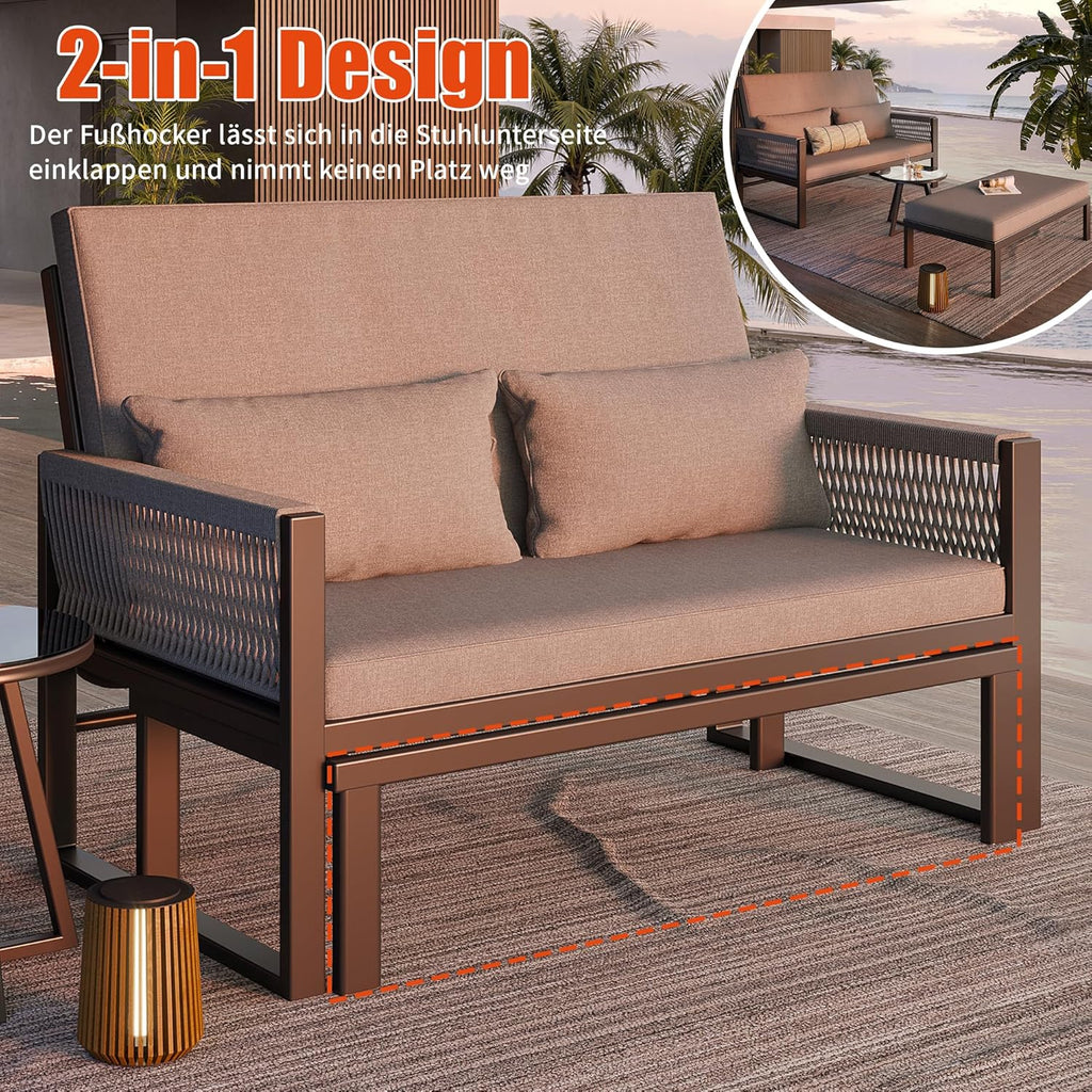 Gartenliege Sonnenliege mit geflochtenen Armlehnen aus Eisen, Wetterfestes Outdoor-Sofa, Inkl. Glas-Couchtisch & Polstern, Daybed Outdoor, Zweisitzer-Sofa mit Hocker und Couchtisch, Grau