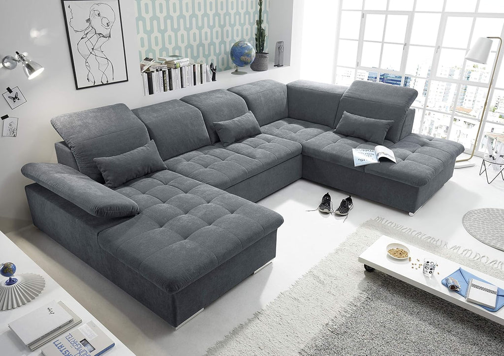 Stella Trading WAYNE Wohnlandschaft in U-Form, Stoffbezug Anthrazit - Ausziehbares Sofa mit Schlaffunktion  und  Bettkasten - 340 x 81 (104) x 188 (240) cm (B/H/T)