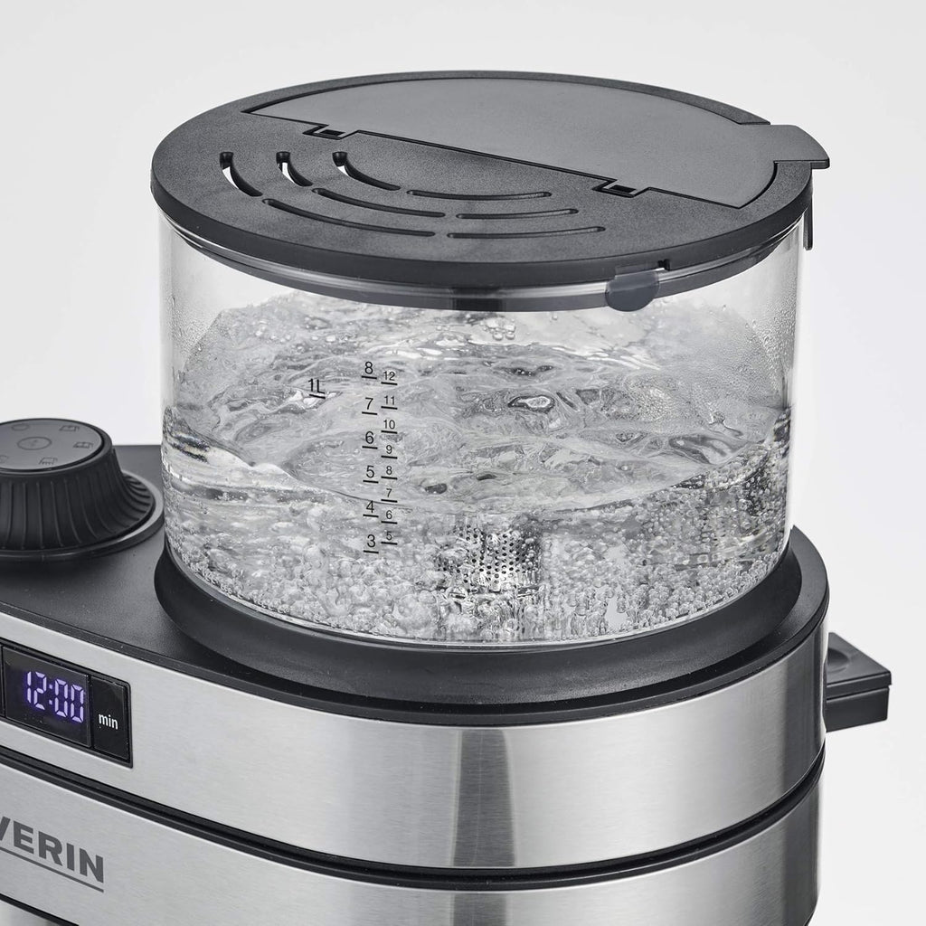 Severin Filterkaffeemaschine "Caprice" mit auslaufsicherer Thermokanne, wie von Hand aufgebrüht, Kaffeebereiter für bis zu 8 Tassen, Kaffeemaschine mit Timer, 1l, Edelstahl-gebürstet/schwarz, KA 5763
