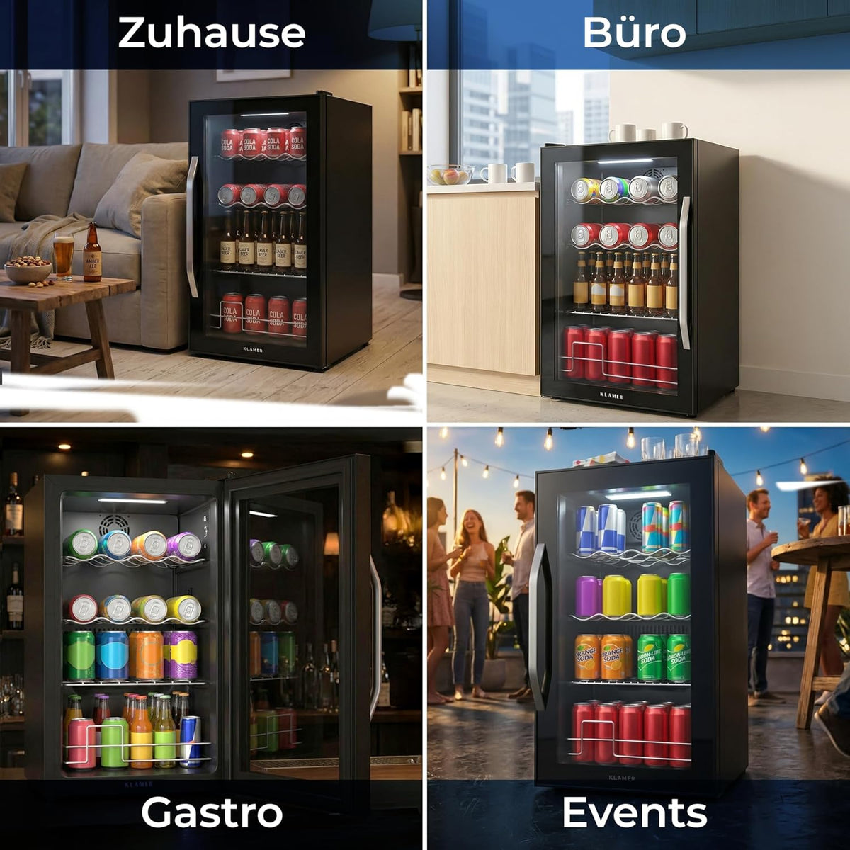 KLAMER Getränkekühlschrank 60 L, Mini Kühlschrank bis 60 Dosen, 0–20°C Touch Display, Glasfront, Automatische Abtaufunktion, Edelstahlgriff, Kühlschrank ohne Gefrierfach