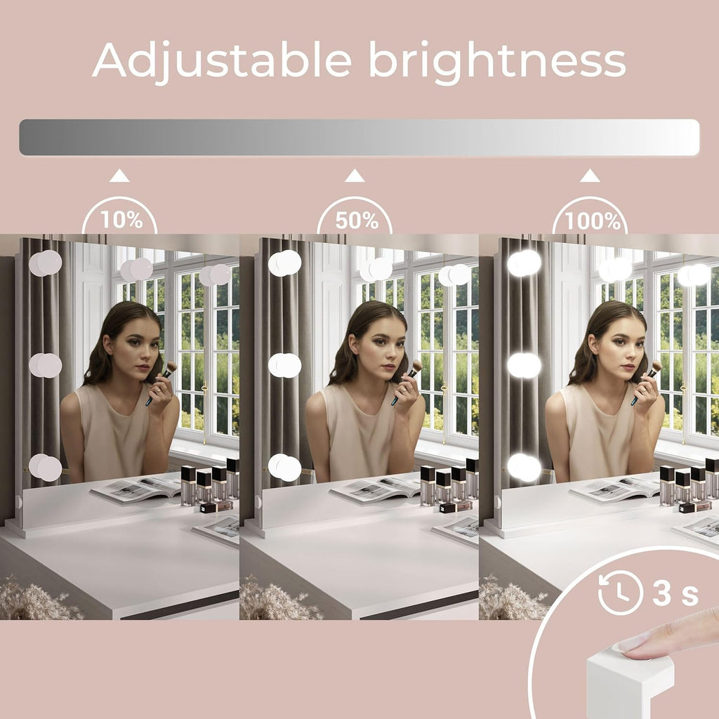 Lookway Schminktisch MADA Elite II mit LED-Spiegel - Eleganter Kaschmir oder Weiß Hochglanz, Wandmontage, Geräumige Schubladen (Weiß/Weiß Hochglanz)