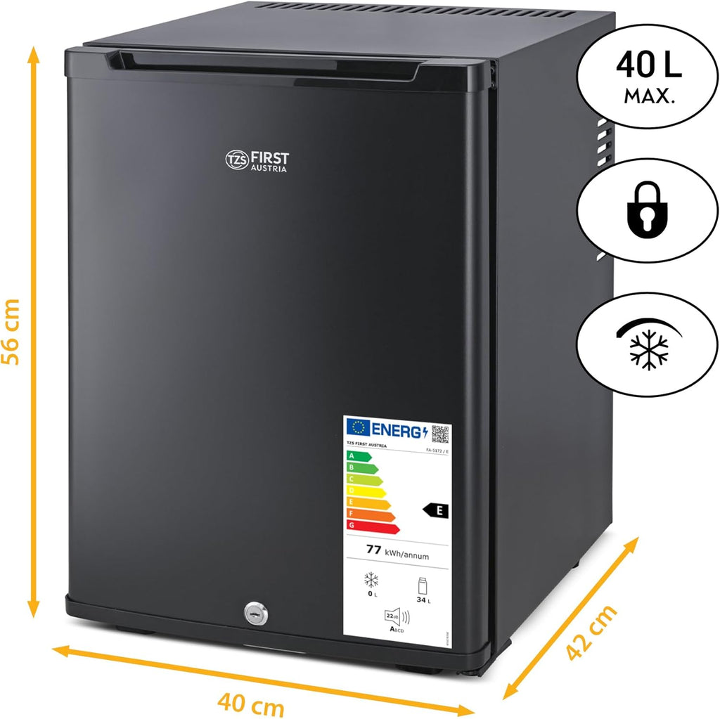 TZS First Austria - Mini Kühlschrank 40L lautlos & abschließbar - Kleiner Minikühlschrank, wechselbarer Türanschlag & Innenbeleuchtung - Minibar für Camping, Büro, Schlafzimmer & Hotel - Mattschwarz