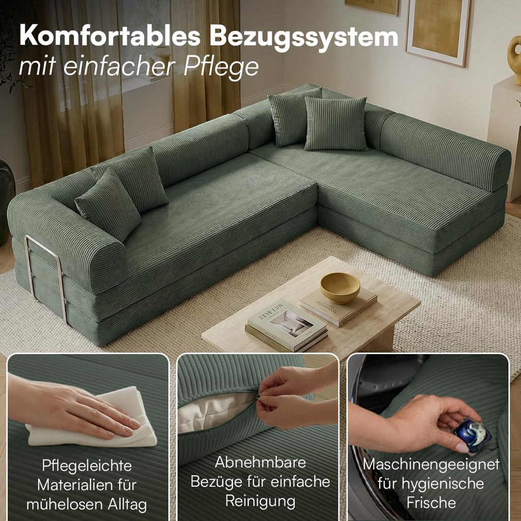 skølm Lofn Ecksofa 4 Sitzer – Wohnlandschaft L-Form Cord – Klappsofa 300cm breit Dunkelgrün – ausklappbar zum Schlafsofa, Bodensofa – Vollschaum Sofa mit 4 Kissen & Stahlgestell – Cloud Couch boneless | ohne Aufbau