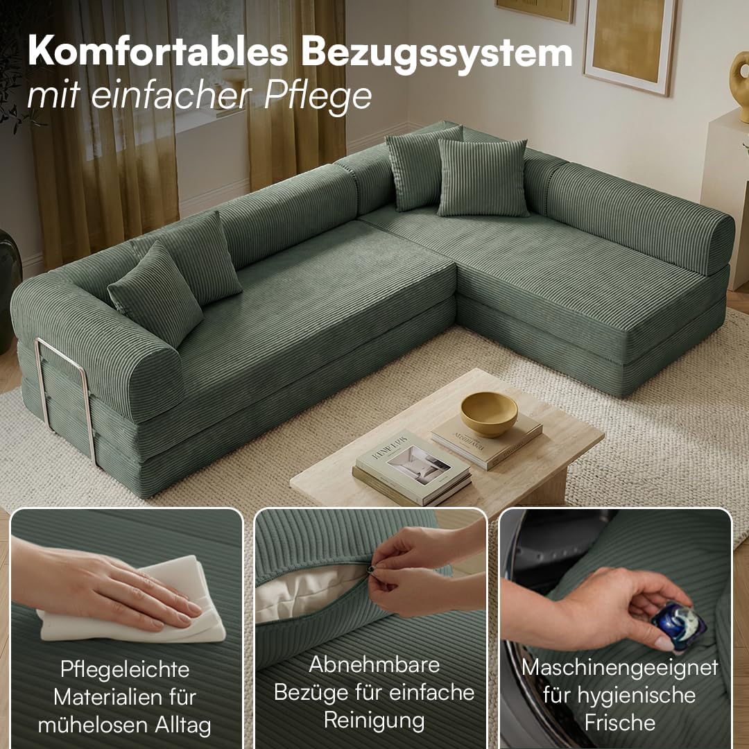 skølm Lofn Ecksofa 4 Sitzer – Wohnlandschaft L-Form Cord – Klappsofa 300cm breit Dunkelgrün – ausklappbar zum Schlafsofa, Bodensofa – Vollschaum Sofa mit 4 Kissen & Stahlgestell – Cloud Couch boneless | ohne Aufbau