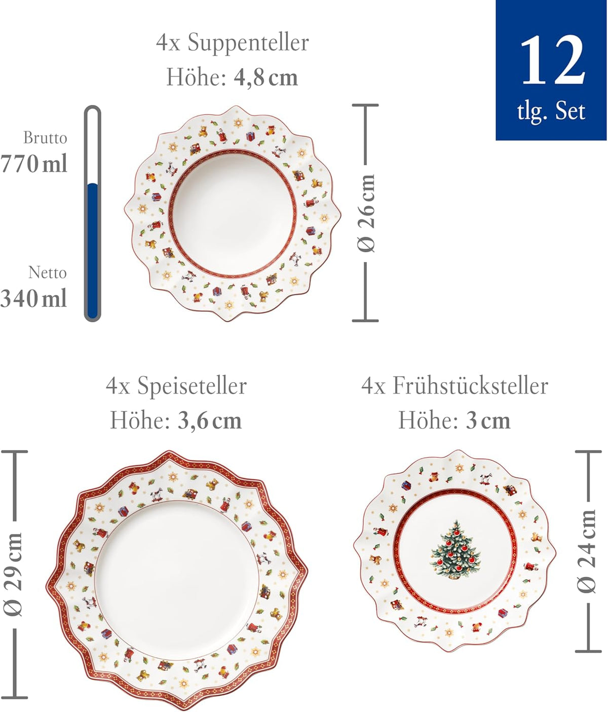 Villeroy & Boch – Toy's Delight Tafelservice Weihnachten 12 Teilig, Weihnachtsteller Set Toys, Weihnachtsgeschirr, Weihnachtsservice 4 Personen, Speiseteller, Suppenteller, Frühstücksteller, Porzellan