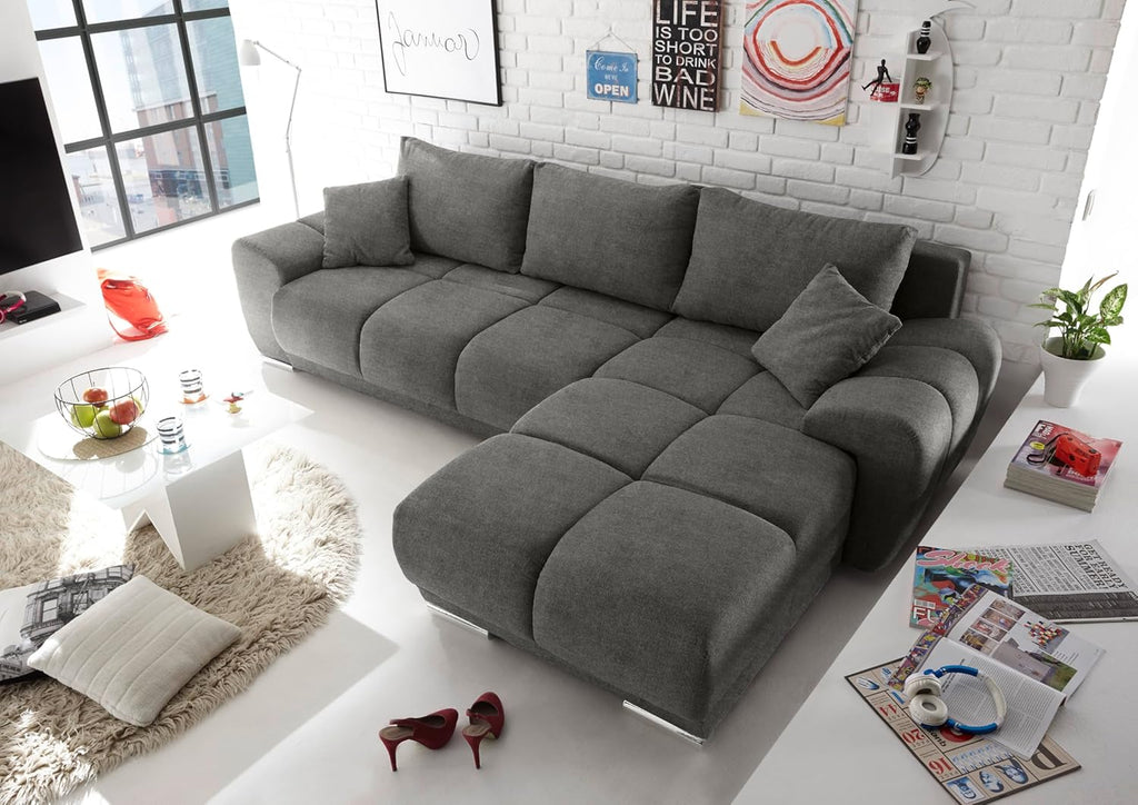 Stella Trading ANTON Ecksofa mit Schlaffunktion, Stoffbezug Uran Stone - Moderne Eckcouch in L-Form mit Bettkasten & dekorativer Steppung - 289 x 85 x 189 cm (B/H/T)