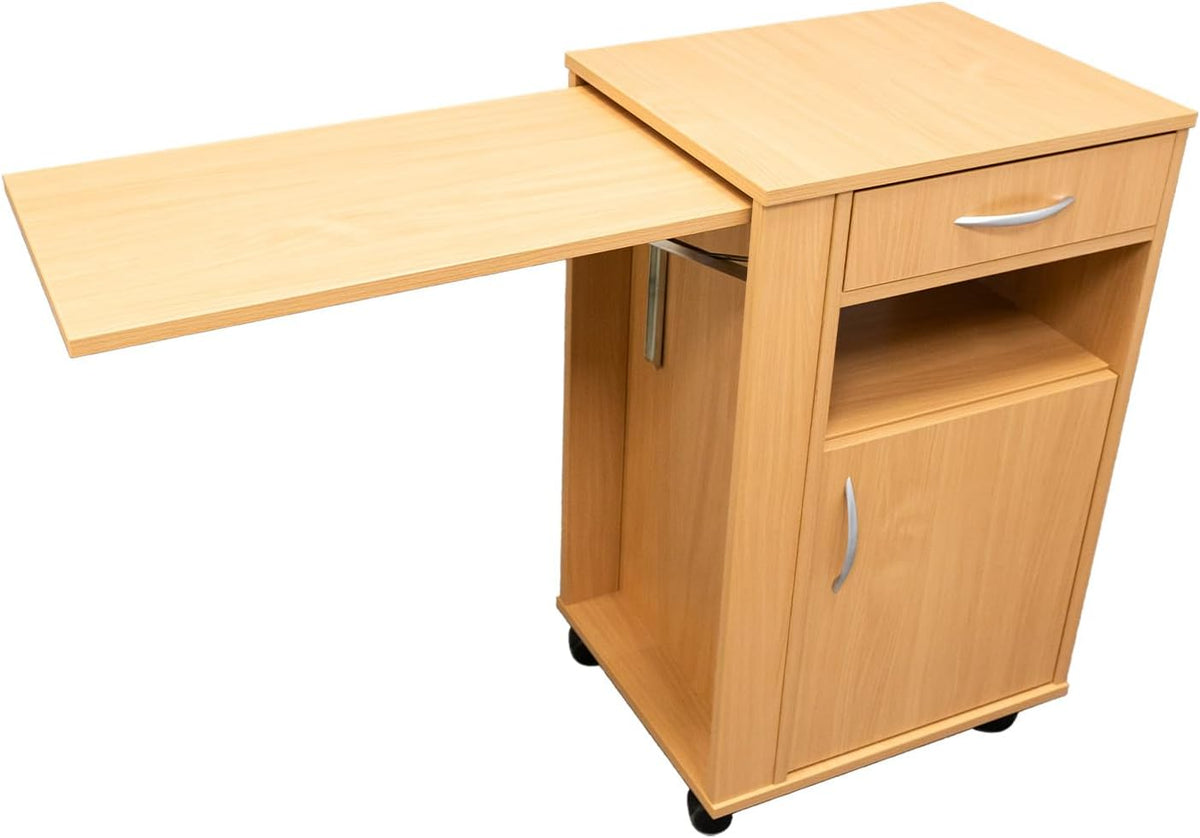 Nachttisch mit Schublade und 4 Rollen – Patientenbett-Schrank, mobil, mit Bremsen – ideal für Pflege, Reha, Krankenhäuser & Zuhause, Buche