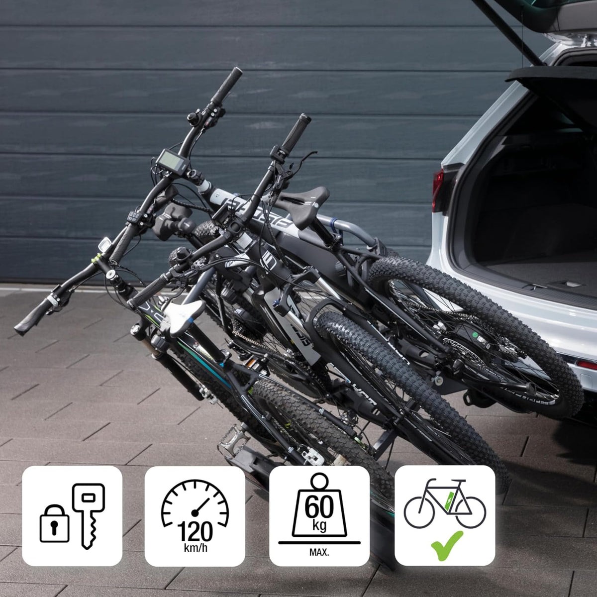 Fischer Kupplungs-Fahrradträger ProlineEvo 2, für 2 Fahrräder bis 60kg Nutzlast, E-Bike geeignet, vormontiert, abschließbar, faltbar