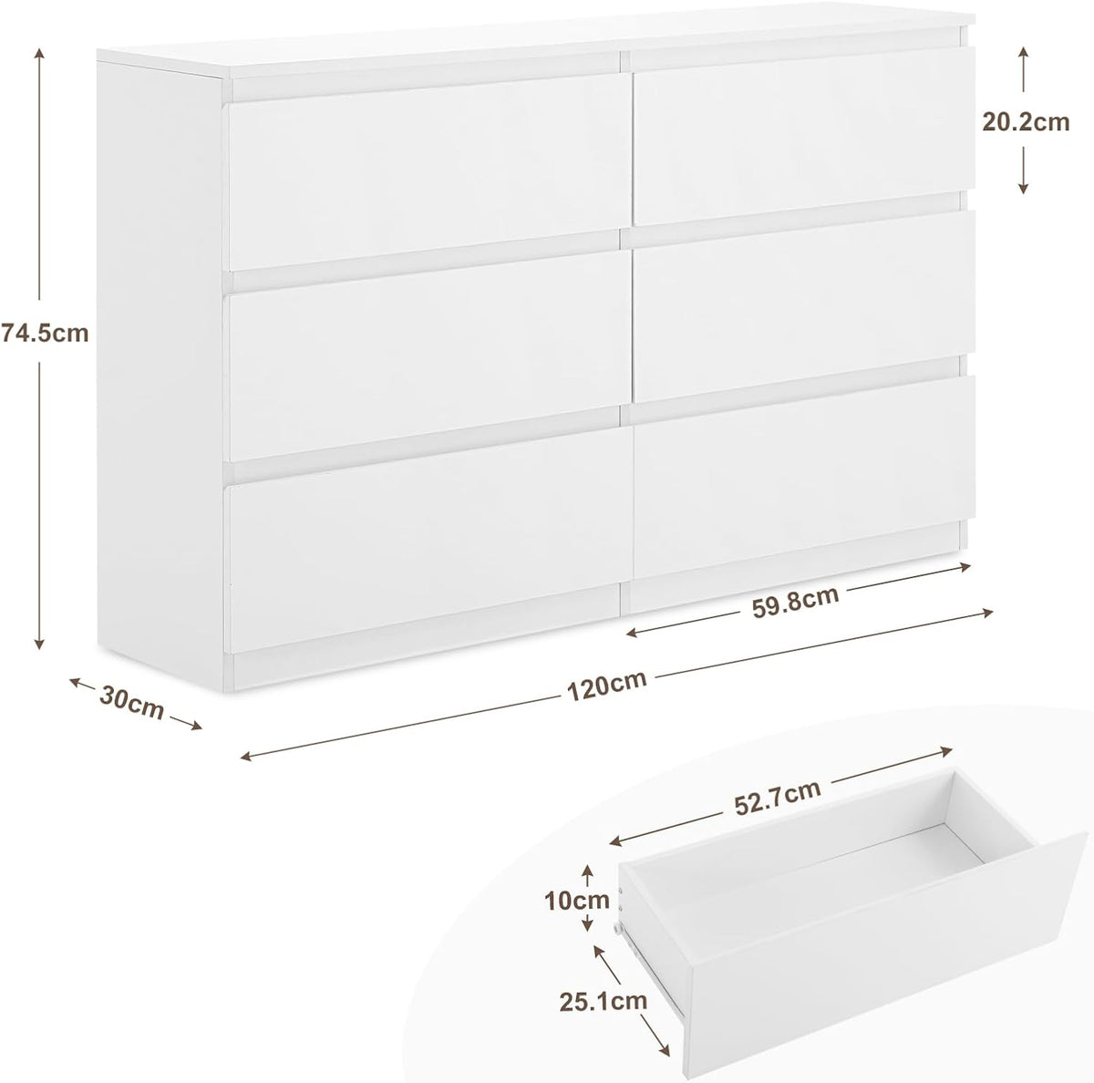 Sweetcrispy Kommode, Weißes Sideboard mit 6 Schubladen, 120×30×75cm, Viel Stauraum für Wohnzimmer, Flur & Schlafzimmer, Moderner Kommodenschrank