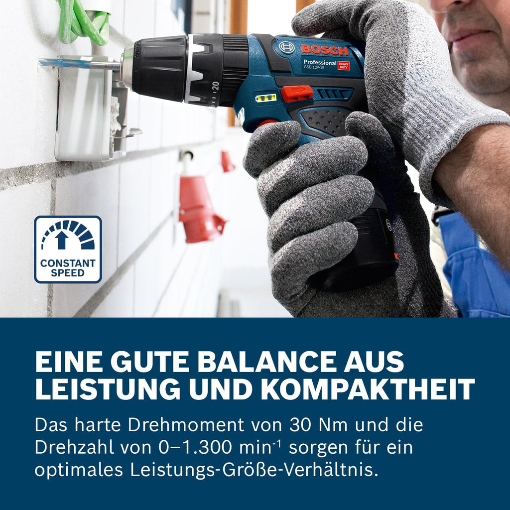 Bosch Professional 12V System Akku Schlagbohrschrauber GSB 12V-15 (Bohr-Ø Holz max: 19 mm, inkl. 2x 2.0Ah Akku + Ladegerät, 2x Bohrer-Set, 1x Bit-Set, Werkzeugtasche) - Amazon Exclusive