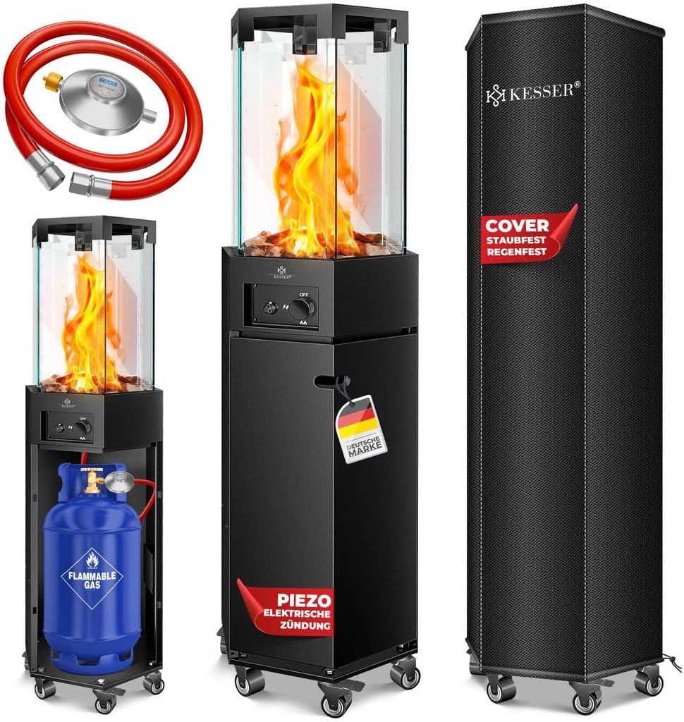 KESSER® Gasheizstrahler 4/8 kW Gas Piezozündung Heizung + Gasdruckregler + Cover, 360° Rollen Kippschutz, Terrassenheizstrahler Gasheizung Gasheizer Outdoor Kamin Mobiler Heizpilz, Heizer, Schwarz