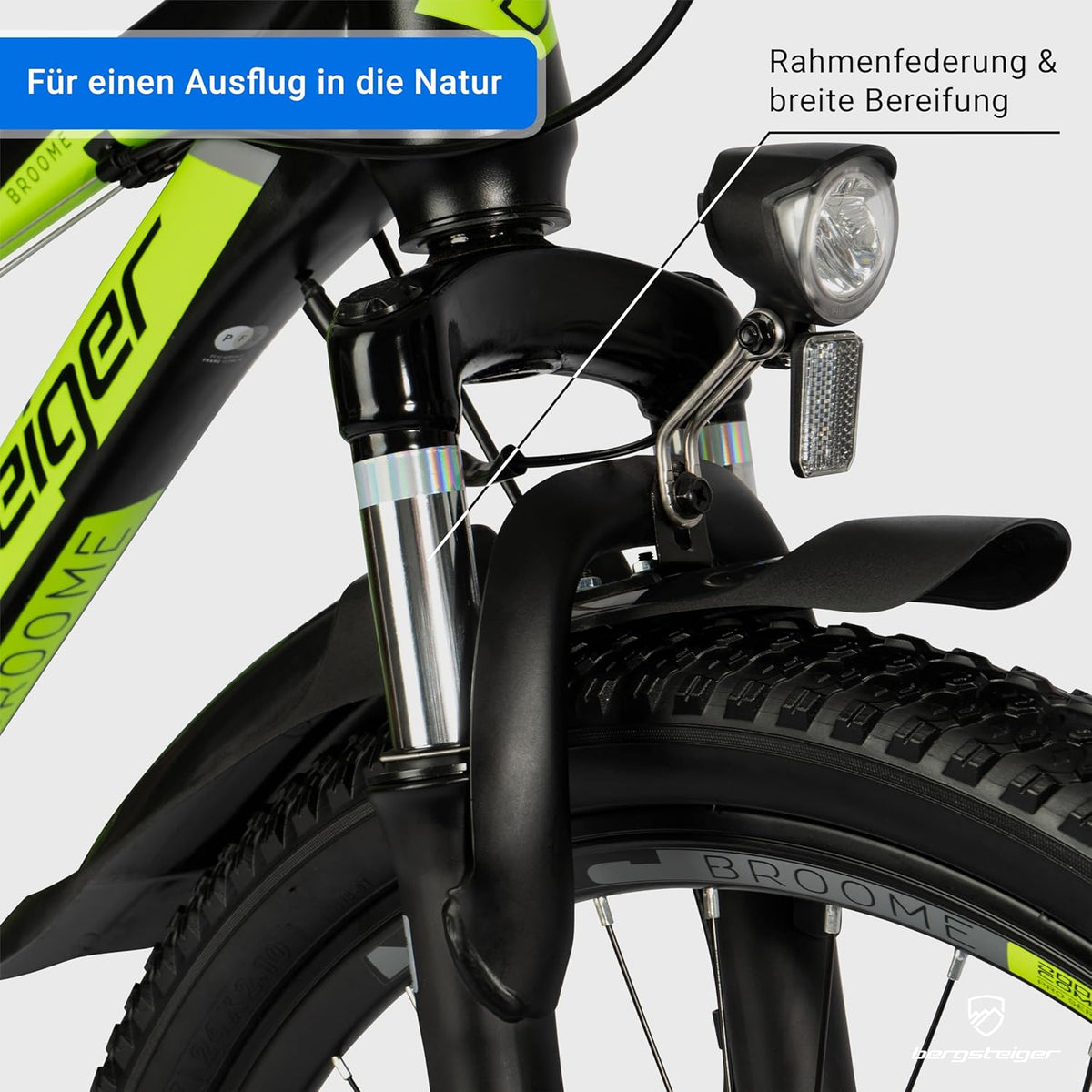 Bergsteiger Broome 24, 26 Zoll Kinderfahrrad, 21 Gang-Schaltung, StVZO, Mountainbike mit Vollfederung, Scheibenbremsen & Dynamo-Licht, geeignet für 8, 9, 10, 11, 12, 13 Jahre, Jungen & Mädchen