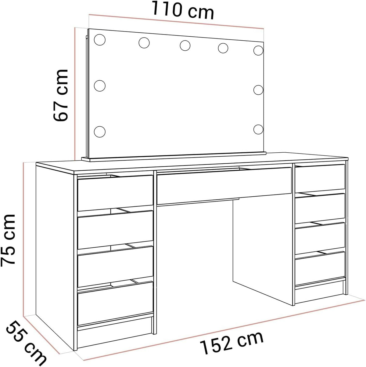 Lookway Schminktisch MADA Elite II mit LED-Spiegel - Eleganter Kaschmir oder Weiß Hochglanz, Wandmontage, Geräumige Schubladen (Weiß/Weiß Hochglanz)