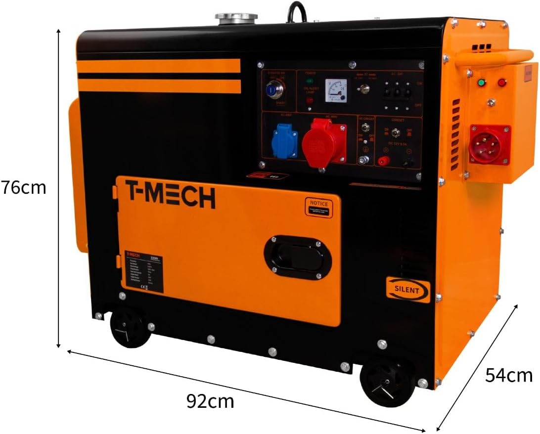 Leiser Dieselgenerator, dreiphasig, ATS, 6,5 kVA, 6500 W, 13 PS, 230 V, 400 V, Elektrostart, geschlossener Rahmen, Notfallstrom, 4 tragbare Räder, schwarzer pulverbeschichteter Stahl, 20 l