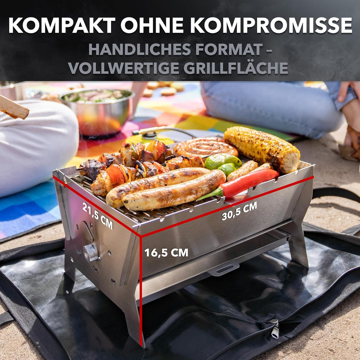 Grill | Mobiler Steck-Gasgrill – Tragbarer Edelstahlgrill mit Stecksystem – Gas- & Holzkohlebetrieb – Inkl. Tragetasche – Perfekt für Camping, Balkon, Garten & Outdoor - Camping Grill