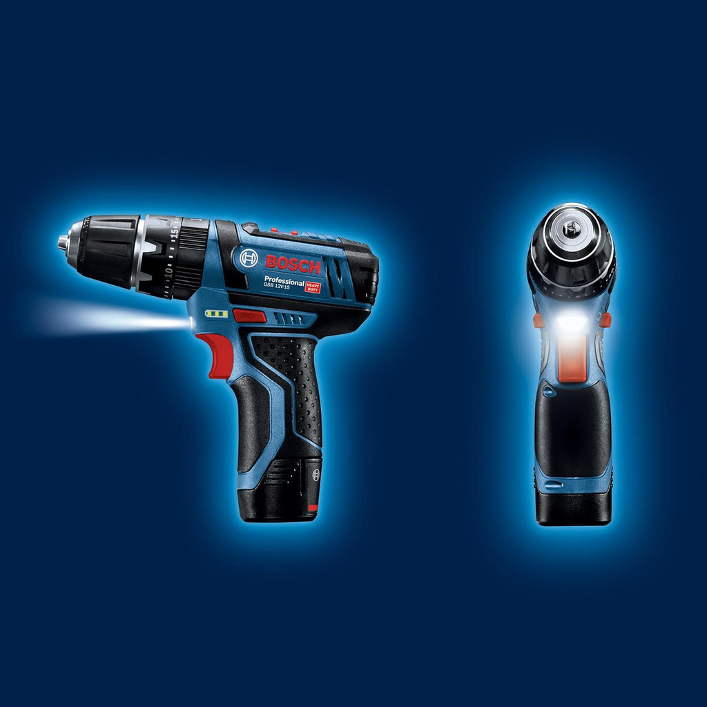 Bosch Professional 12V System Akku Schlagbohrschrauber GSB 12V-15 (Bohr-Ø Holz max: 19 mm, inkl. 2x 2.0Ah Akku + Ladegerät, 2x Bohrer-Set, 1x Bit-Set, Werkzeugtasche) - Amazon Exclusive