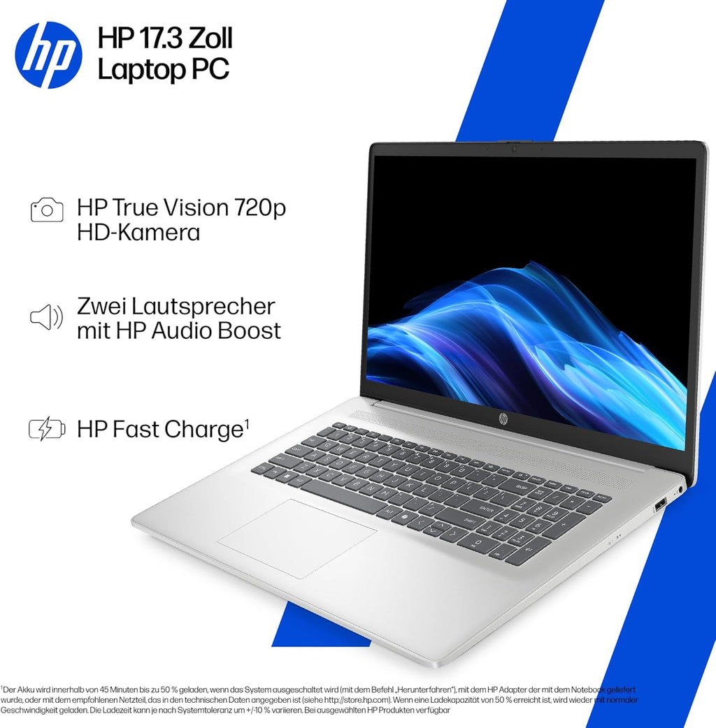 Laptop mit 17,3" FHD Display, Core i7-1355U, 16 GB DDR4 RAM, 1 TB SSD, Iris Grafik, Windows 11, QWERTZ, Silber inkl. 25 GB Dropbox-Speicher für 12 Monate