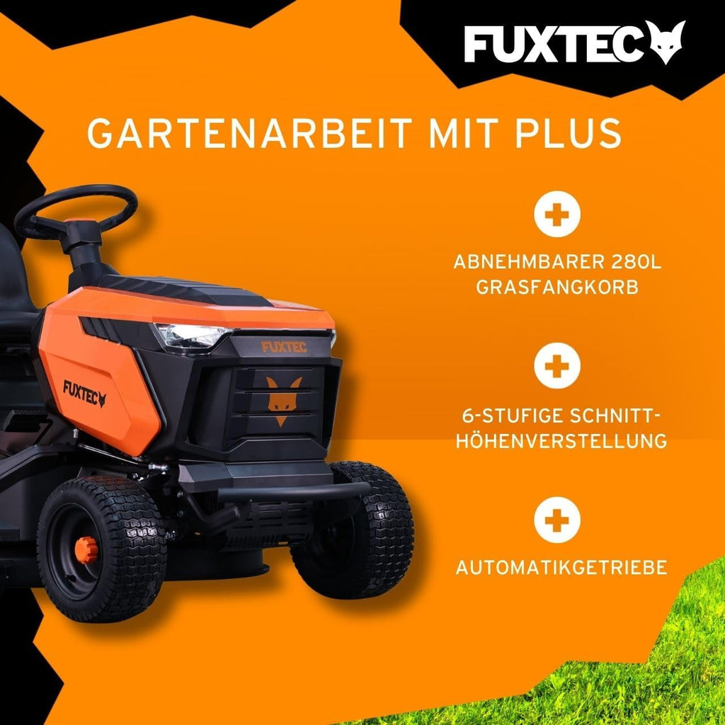 FUXTEC Rasentraktor FX-RMT92A, Aufsitzmäher mit 92cm Schnittbreite, 6-stufige Schnitthöhenverstellung, 452ccm Hubraum, Hydrostat, Rückwärtsmähen, geeignet für Flächen bis 6500m²