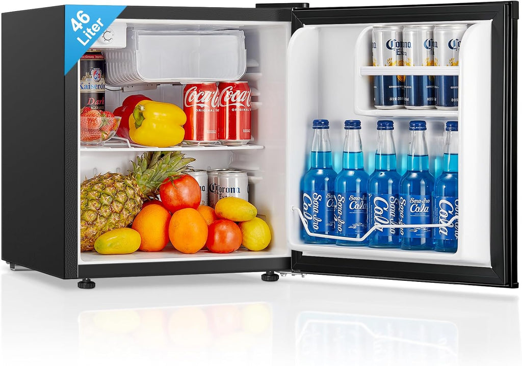 FOHERE Mini Kühlschrank 46L, Kleiner Kühlschrank mit 7-Stufige Kühlung, Energieeffizienter, Superleise, Wechselbarer Türanschlag & Verstellbare Füße, für Hotel, Büro, Kleine Wohnungen,Schwarz
