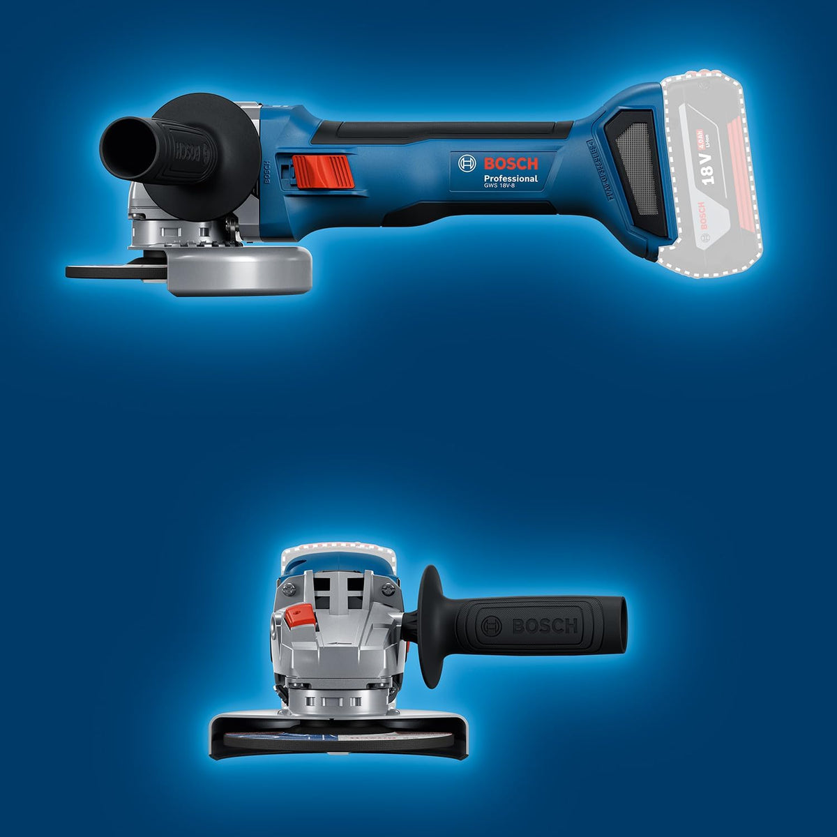 Bosch Professional 18V System Akku-Winkelschleifer GWS 18V-8 (Scheibendurchmesser 125 mm, inkl. 2x Akku GBA 4.0Ah, Ladegerät GAL 18V-40, L-BOXX)
