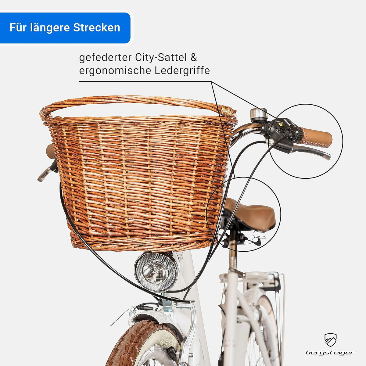 Bergsteiger Marseille 26, 28 Zoll Damenfahrrad, ab 150 cm, Korb aus Rattan, Fahrrad-Licht, Damen-Citybike, Damenrad im Retro-Design«, 6 Gang Tourney Schaltung, Kettenschaltung
