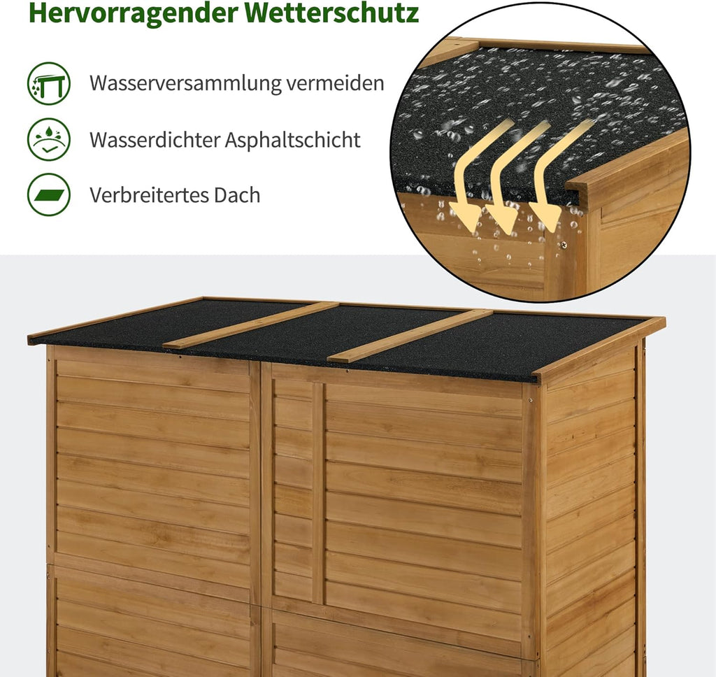M MCombo Gartenschrank Geräteschuppen Holz Wetterfest, Gartenhaus Outdoor Wasserdicht Begehbar für Außenbereich Balkon Terrasse, Aufbewahrungsschrank mit 3 Regale 73×144×185 cm (Natur)